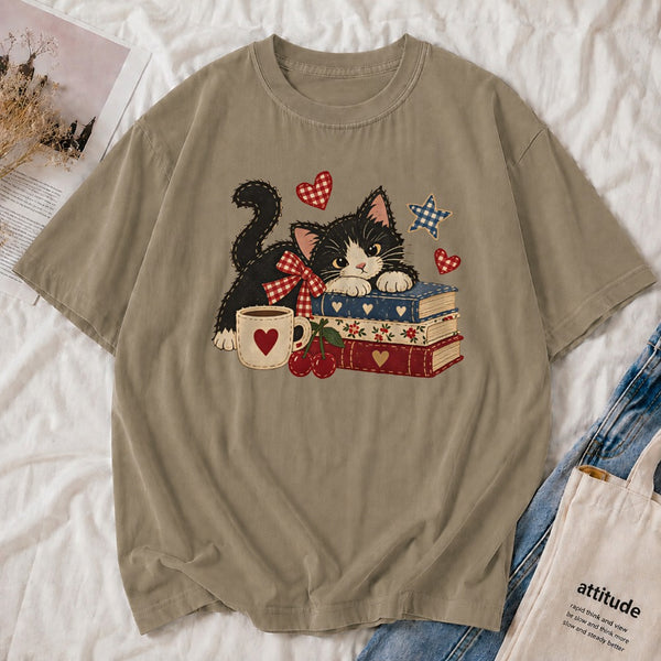 Retro Cat Books Tee shown on a model