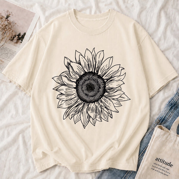 Sunflower Botanical Line Art Tee shown on a model