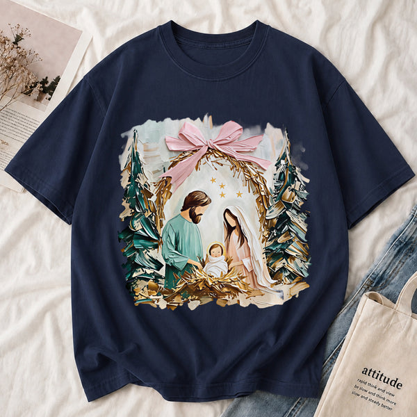 Vintage Holy Family Christmas Tee shown on a model