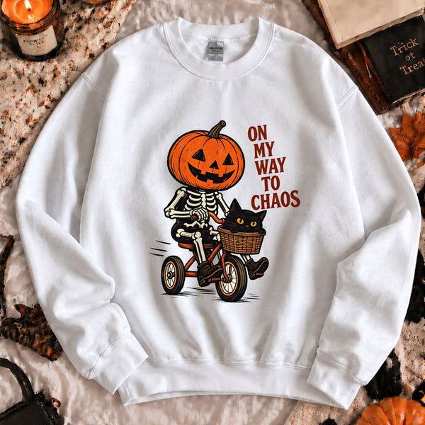 On My Way to Chaos Sweatshirt shown on a model