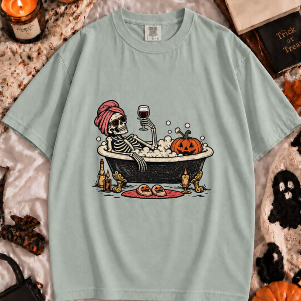 Halloween Skeleton Bath Tee shown on a model