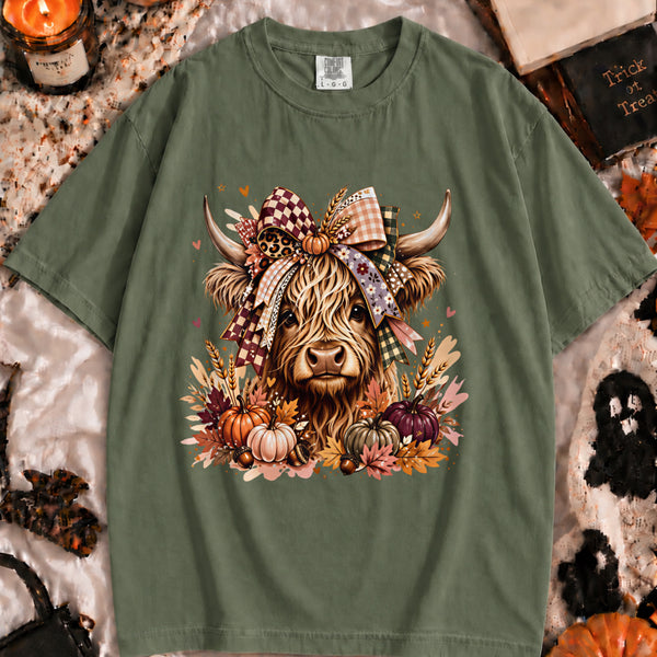 Fall Pumpkin Floral Animal Tee shown on a model