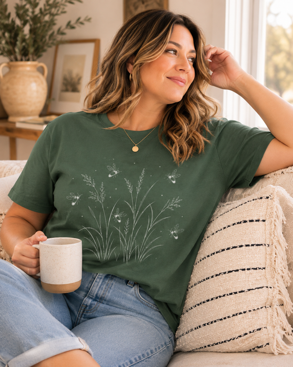 Firefly Meadow Tee shown on a model