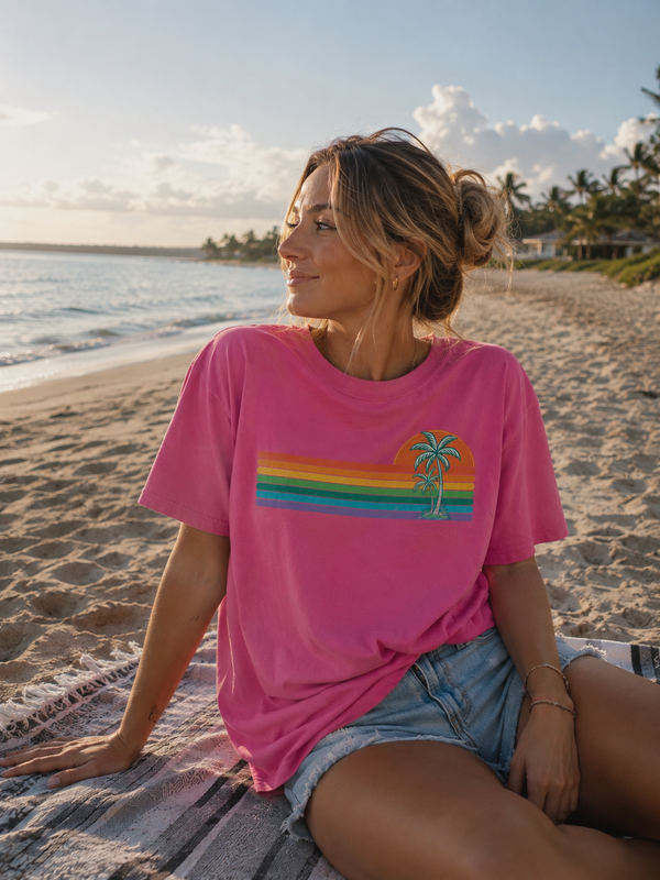 Retro Sunset Palm T-Shirt shown on a model