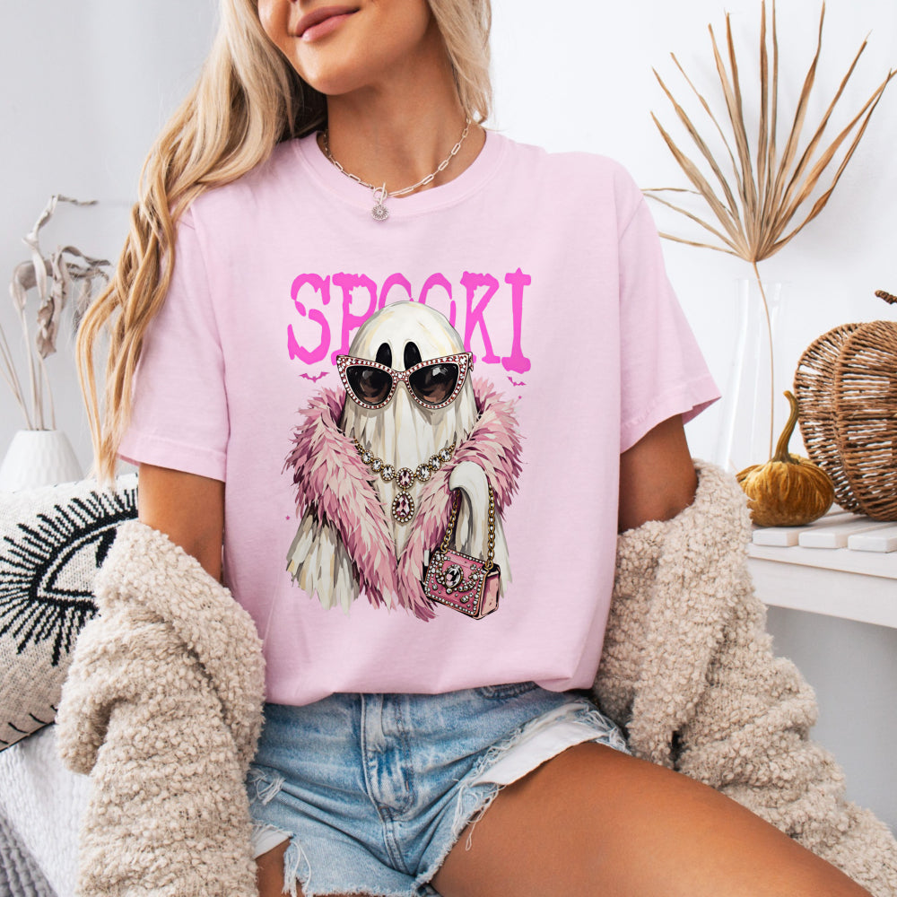 Spooky Glam Ghost — "Spooki" Pink Fur & Sunglasses Graphic