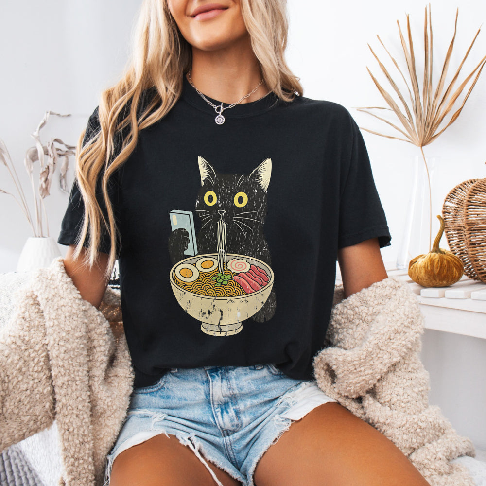 Ramen Cat — Cute Black Cat Holding Bowl of Ramen Graphic Tee