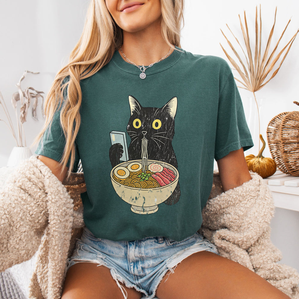Ramen Cat — Cute Black Cat Holding Bowl of Ramen Graphic Tee