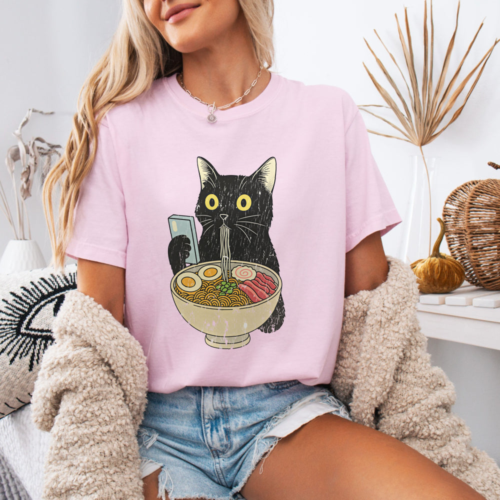 Ramen Cat — Cute Black Cat Holding Bowl of Ramen Graphic Tee