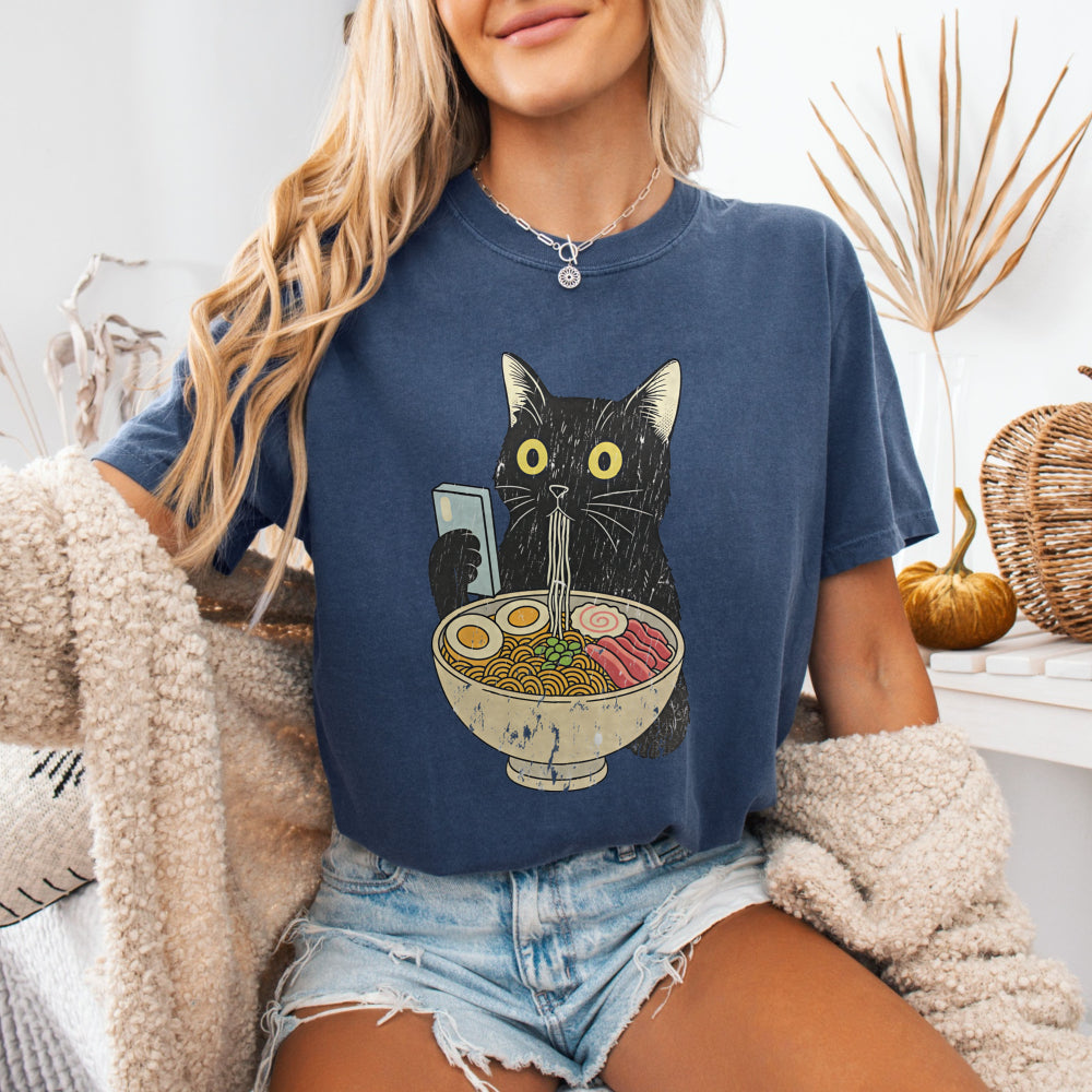 Ramen Cat — Cute Black Cat Holding Bowl of Ramen Graphic Tee