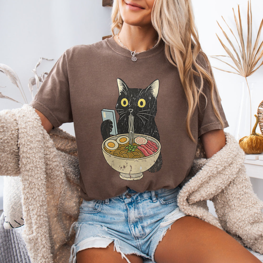 Ramen Cat — Cute Black Cat Holding Bowl of Ramen Graphic Tee