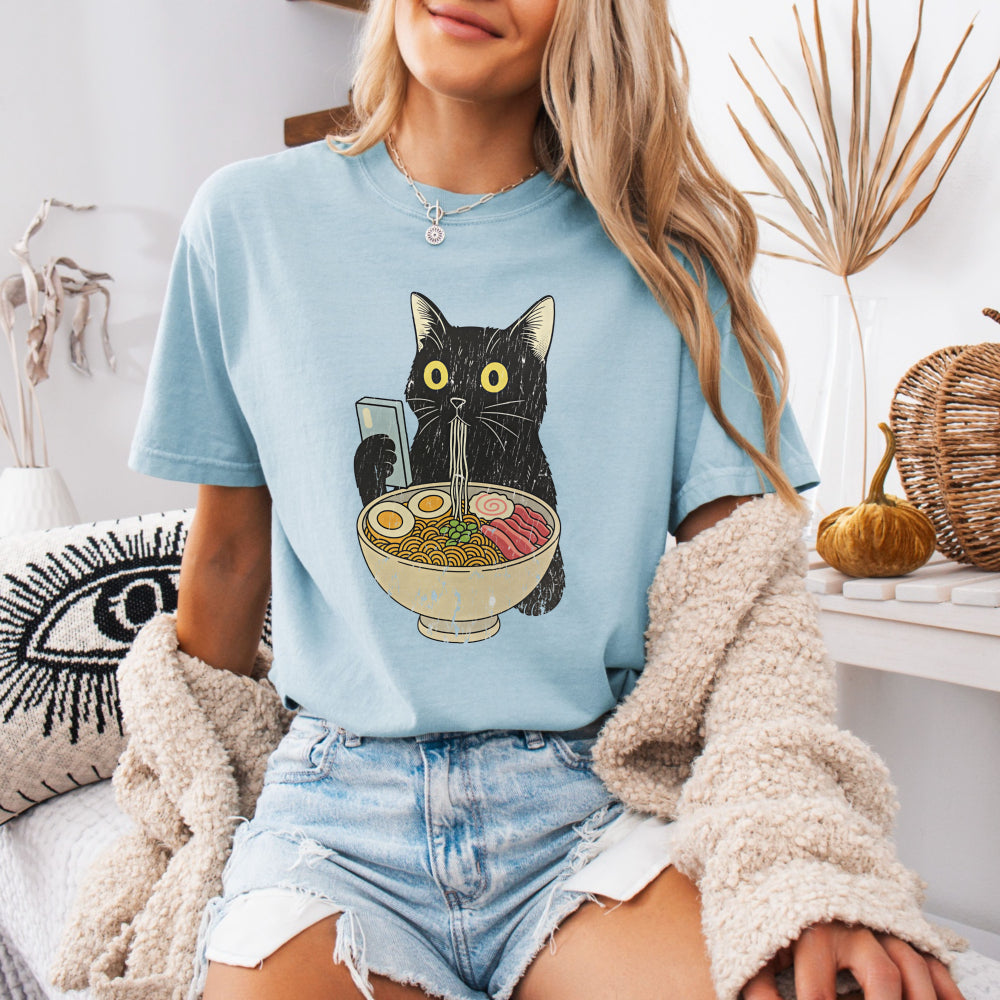 Ramen Cat — Cute Black Cat Holding Bowl of Ramen Graphic Tee