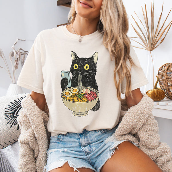 Ramen Cat — Cute Black Cat Holding Bowl of Ramen Graphic Tee