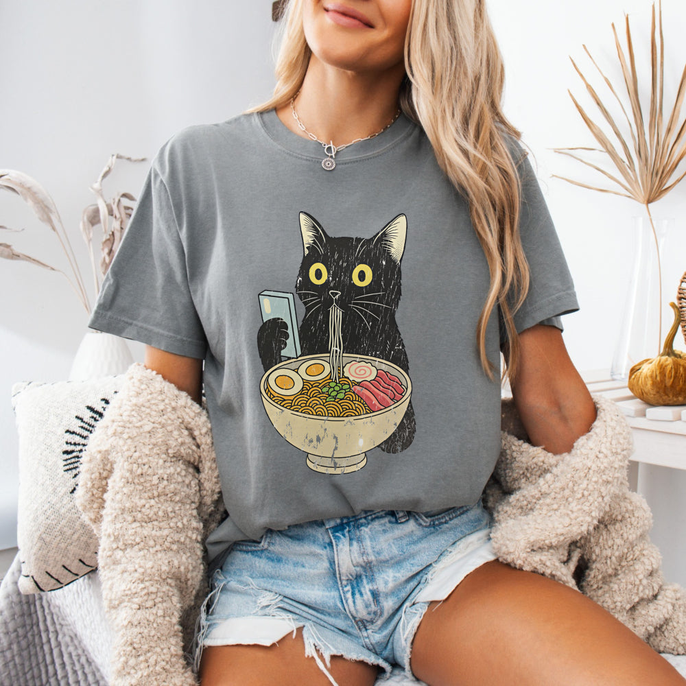 Ramen Cat — Cute Black Cat Holding Bowl of Ramen Graphic Tee