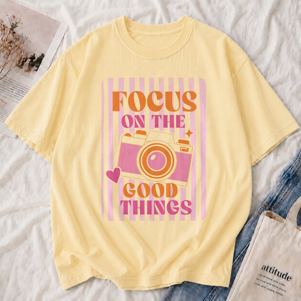 Focus on the Good Things Tee shown on a model