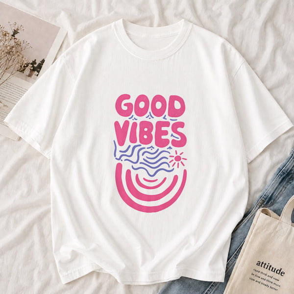 Good Vibes Retro Tee shown on a model