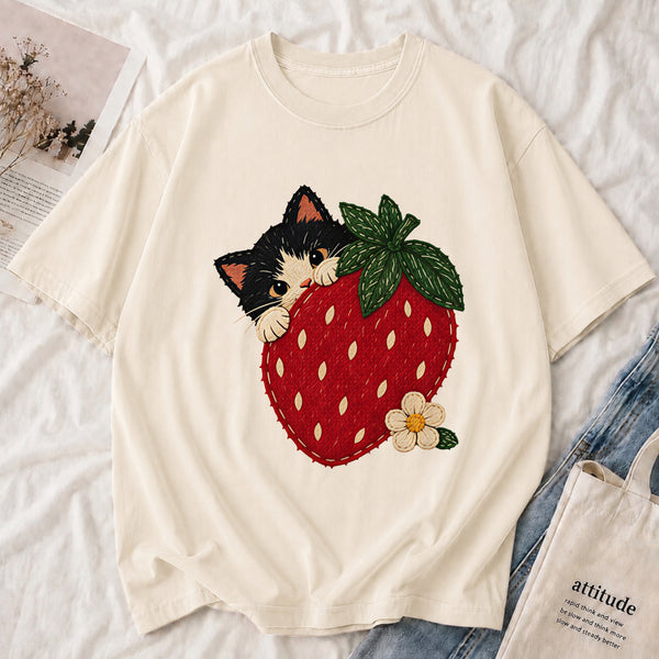Retro Strawberry Kitty Tee shown on a model