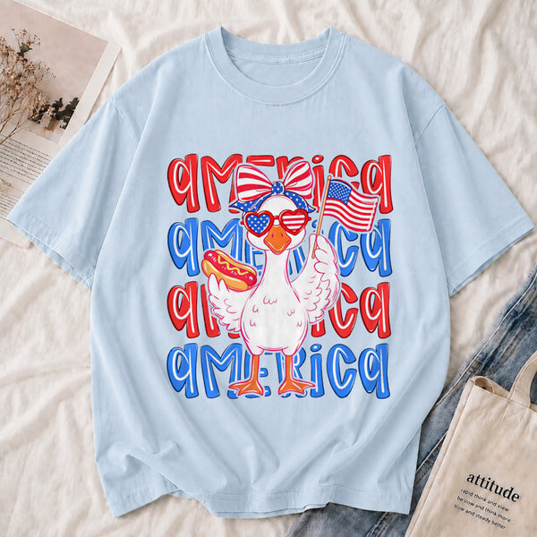 Patriotic "America" Graphic Tee shown on a model