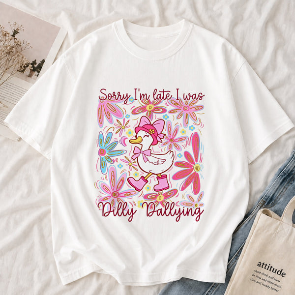 “Sorry I’m Late ” Duck Floral Tee shown on a model