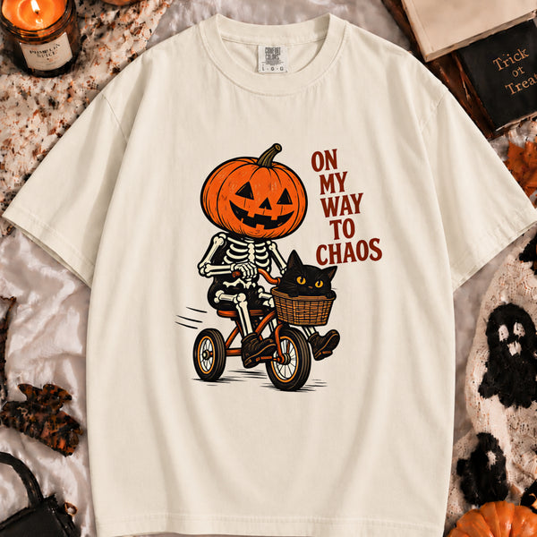 On My Way to Chaos Tee shown on a model