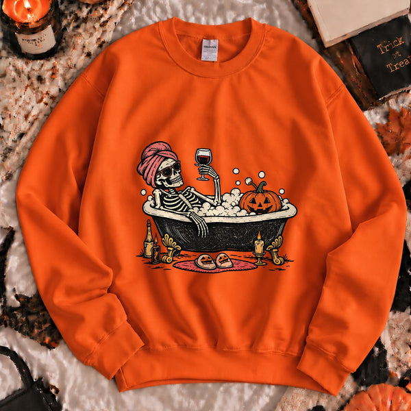 Skeleton Bathtub Sweatshirt shown on a model