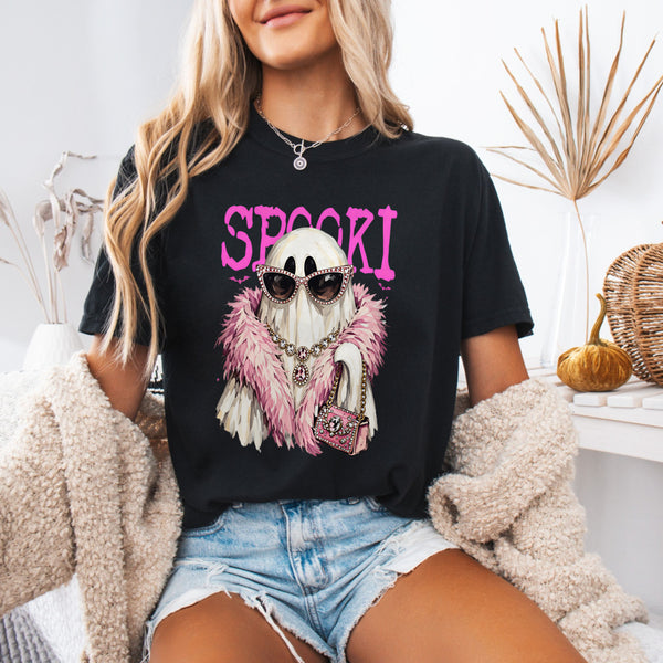Spooky Glam Ghost — "Spooki" Pink Fur & Sunglasses Graphic shown on a model