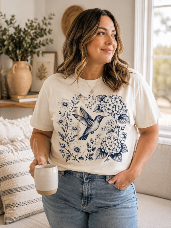 The Hummingbird Garden Tee shown on a model
