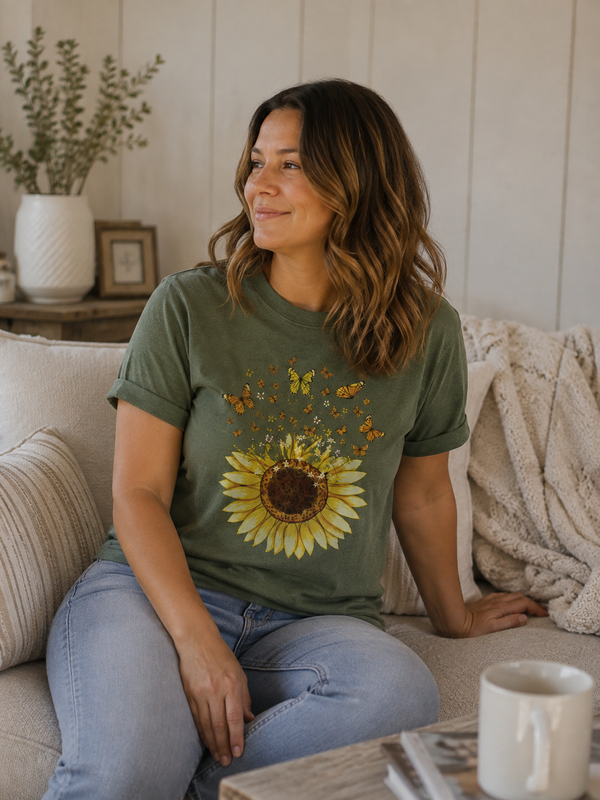 The Sunflower Garden Tee shown on a model