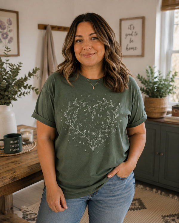 The Wildflower Heart Tee shown on a model