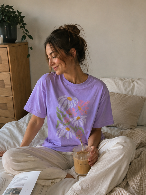 Pink Wildflower Bouquet Tee shown on a model