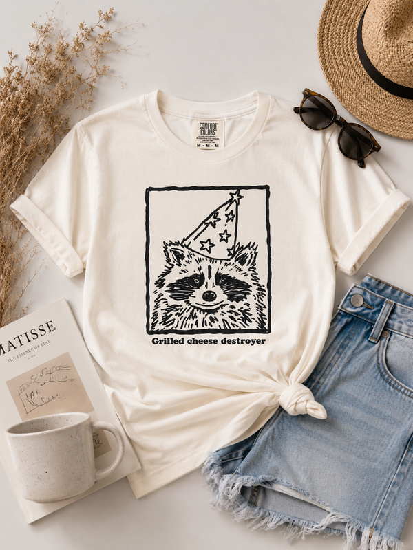 Raccoon Party Tee — "Grilled Cheese Destroyer" Graphic T-Shirt