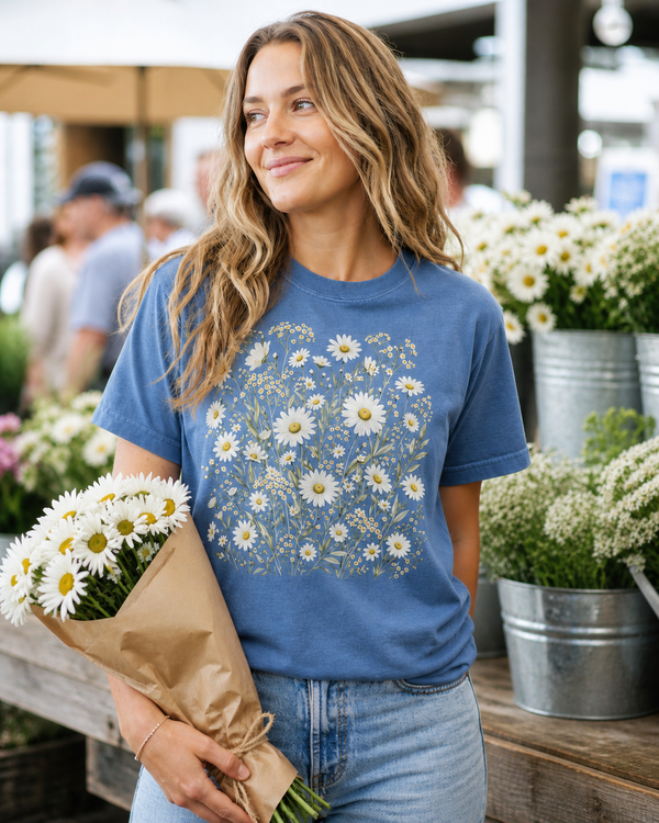 Woman wearing the Meadow Gift Daisy Vintage Floral tee at a bright flower market