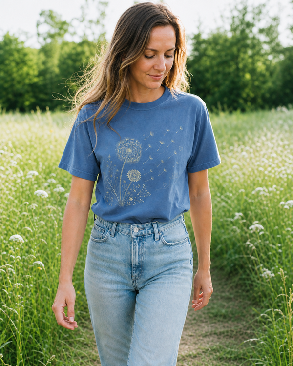 Woman wearing the Meadow Gift Wildflower graphic tee in a bright green meadow